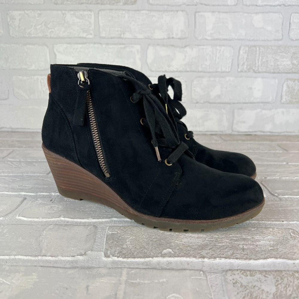 Dr Scholls Ankle Booties Womens 9 M Black Faux Suede Wedge Lace Up Zipper Nelly